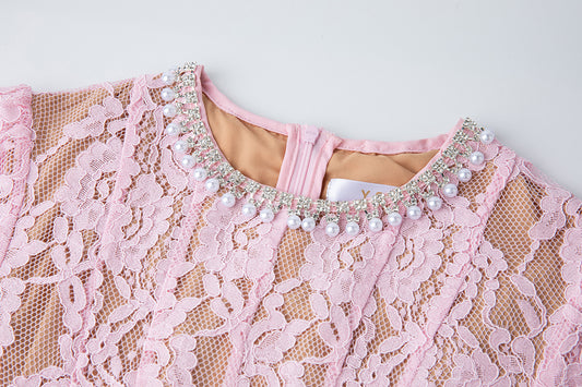 Spring And Summer Elastic Lace Pearl And Diamond Decorated Round Neck Short Sleeve Dress Slim A Line Dress