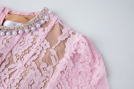 Spring And Summer Elastic Lace Pearl And Diamond Decorated Round Neck Short Sleeve Dress Slim A Line Dress