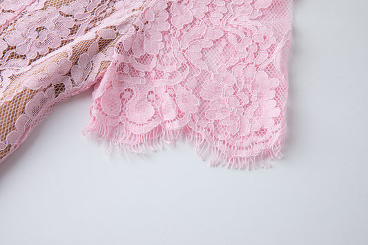 Spring And Summer Elastic Lace Pearl And Diamond Decorated Round Neck Short Sleeve Dress Slim A Line Dress