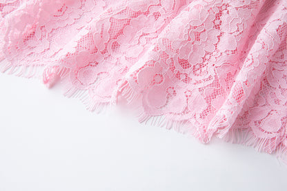 Spring And Summer Elastic Lace Pearl And Diamond Decorated Round Neck Short Sleeve Dress Slim A Line Dress