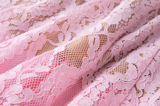 Spring And Summer Elastic Lace Pearl And Diamond Decorated Round Neck Short Sleeve Dress Slim A Line Dress
