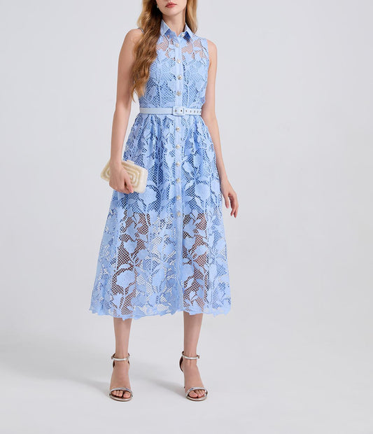 Summer Shirt Collar High Waisted Sleeveless Dress With Waist Cinch And Button Closure A Line Dress