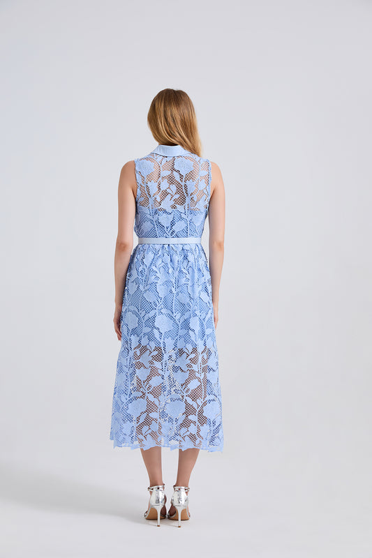 Summer Shirt Collar High Waisted Sleeveless Dress With Waist Cinch And Button Closure A Line Dress