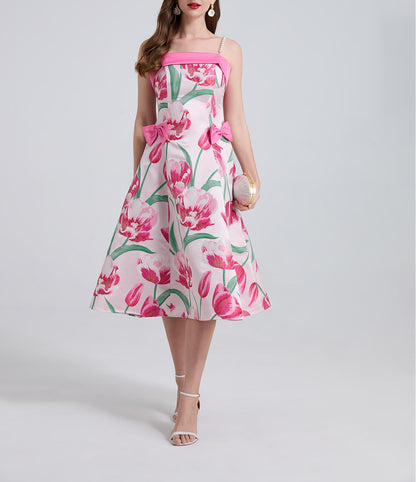 High End Luxury Jacquard Color Blocked Bow Shaped Pearl Shoulder Strap Dress With A Fitted A Line Dress