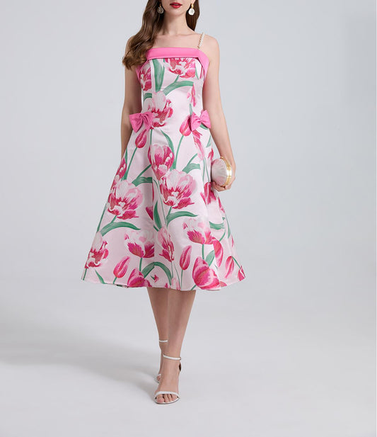 High End Luxury Jacquard Color Blocked Bow Shaped Pearl Shoulder Strap Dress With A Fitted A Line Dress