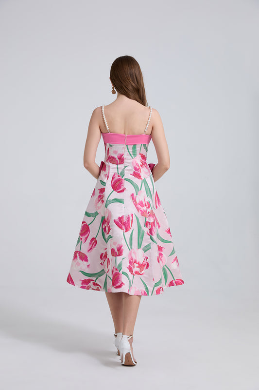 High End Luxury Jacquard Color Blocked Bow Shaped Pearl Shoulder Strap Dress With A Fitted A Line Dress