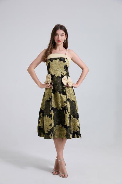 High End Luxury Jacquard Color Blocked Bow Shaped Pearl Shoulder Strap Dress With A Fitted A Line Dress