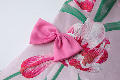 High End Luxury Jacquard Color Blocked Bow Shaped Pearl Shoulder Strap Dress With A Fitted A Line Dress