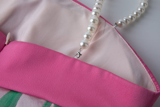 High End Luxury Jacquard Color Blocked Bow Shaped Pearl Shoulder Strap Dress With A Fitted A Line Dress