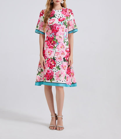 Summer Printed Fitted Round Neck High Waisted Dress With Mid Length A Line Dress