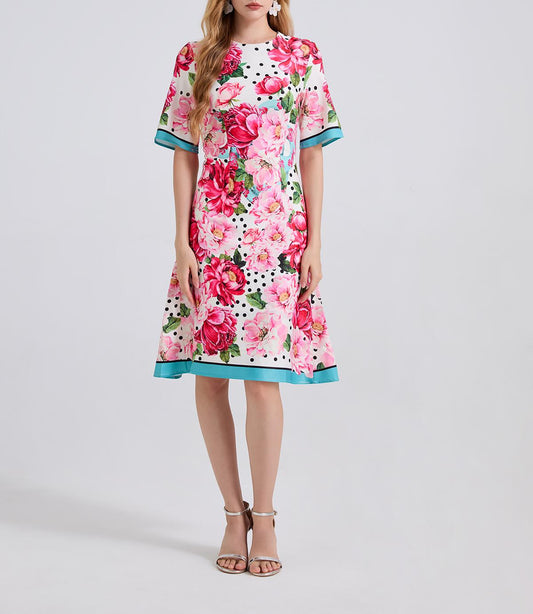 Summer Printed Fitted Round Neck High Waisted Dress With Mid Length A Line Dress