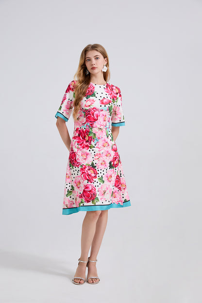Summer Printed Fitted Round Neck High Waisted Dress With Mid Length A Line Dress