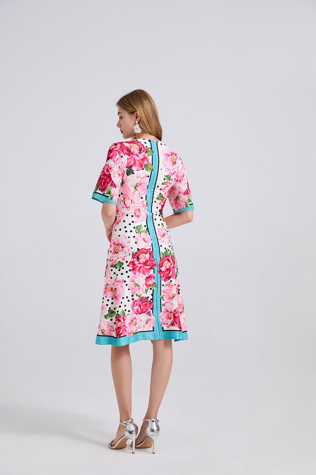 Summer Printed Fitted Round Neck High Waisted Dress With Mid Length A Line Dress