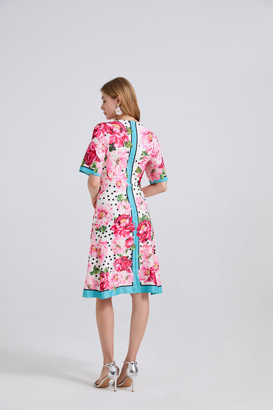 Summer Printed Fitted Round Neck High Waisted Dress With Mid Length A Line Dress