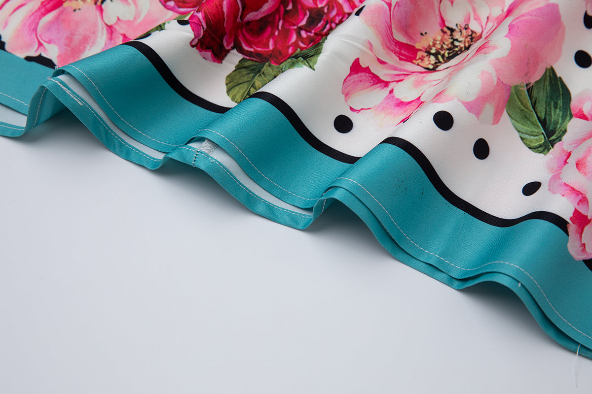 Summer Printed Fitted Round Neck High Waisted Dress With Mid Length A Line Dress