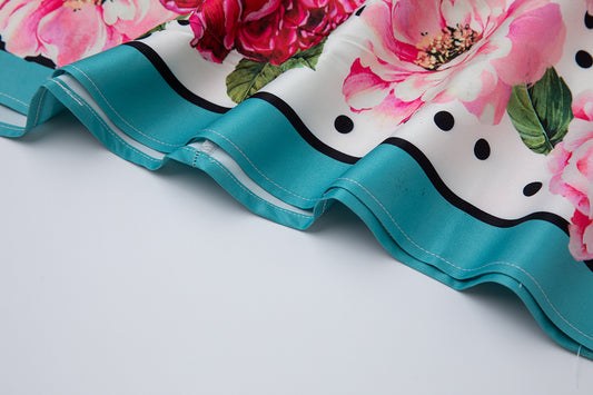 Summer Printed Fitted Round Neck High Waisted Dress With Mid Length A Line Dress