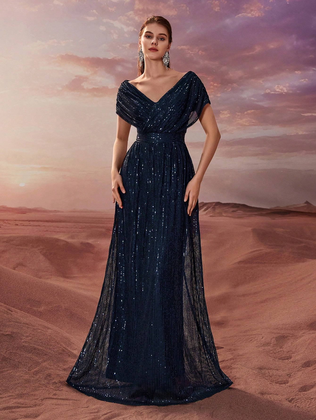 Women Simple Dress Sequin V neck Shawl Short Sleeve Party Evening Dress - Iyanka