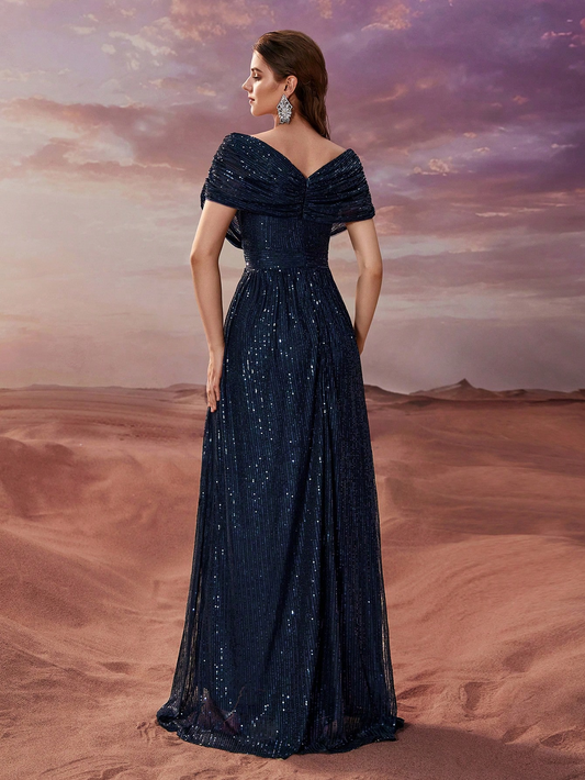Women Simple Dress Sequin V neck Shawl Short Sleeve Party Evening Dress - Iyanka