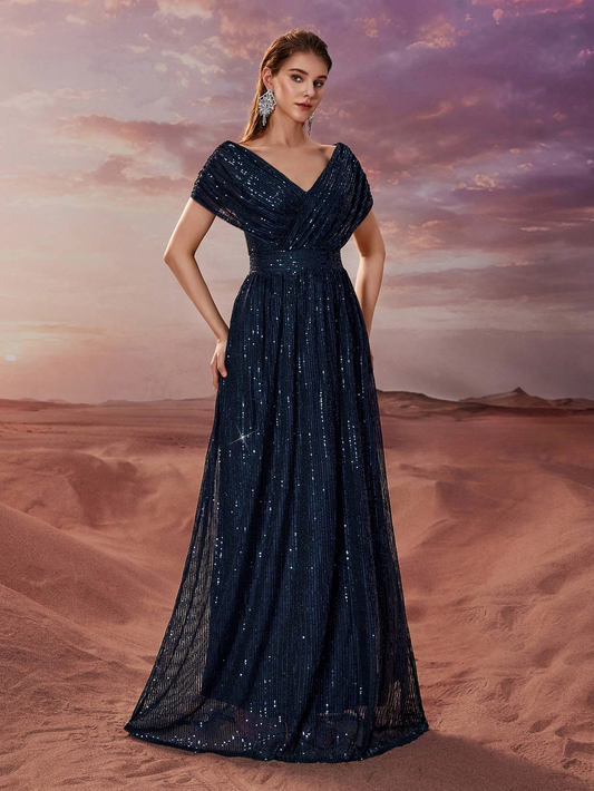 Women Simple Dress Sequin V neck Shawl Short Sleeve Party Evening Dress - Iyanka