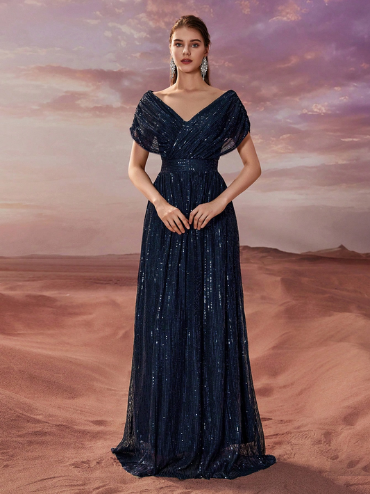 Women Simple Dress Sequin V neck Shawl Short Sleeve Party Evening Dress - Iyanka