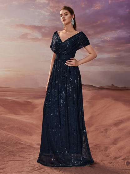 Women Simple Dress Sequin V neck Shawl Short Sleeve Party Evening Dress - Iyanka