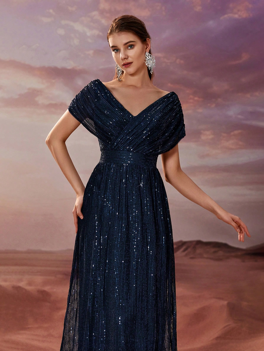 Women Simple Dress Sequin V neck Shawl Short Sleeve Party Evening Dress - Iyanka