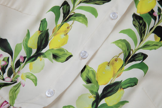 Women Leaf Print High Waist Short Sleeves A Lne Dress