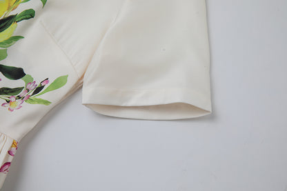 Women Leaf Print High Waist Short Sleeves A Lne Dress