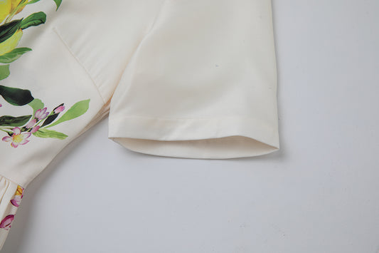 Women Leaf Print High Waist Short Sleeves A Lne Dress