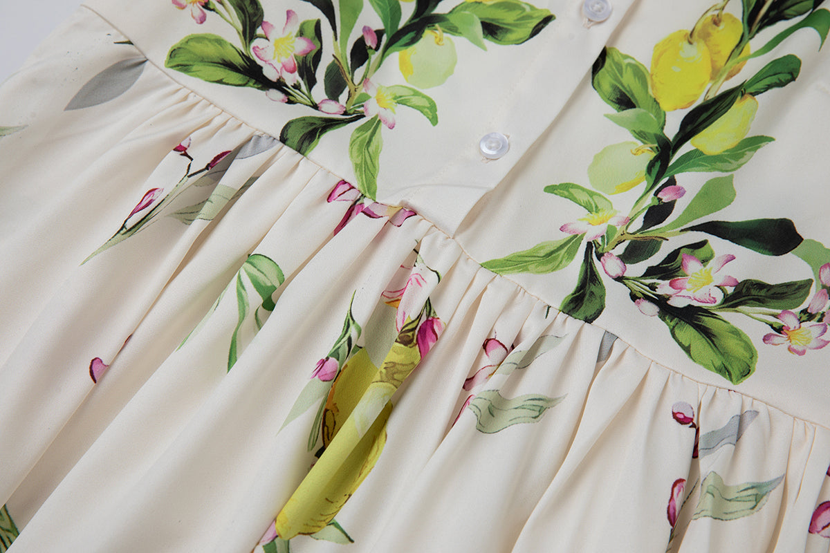 Women Leaf Print High Waist Short Sleeves A Lne Dress
