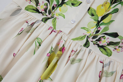 Women Leaf Print High Waist Short Sleeves A Lne Dress