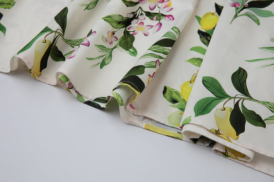 Women Leaf Print High Waist Short Sleeves A Lne Dress