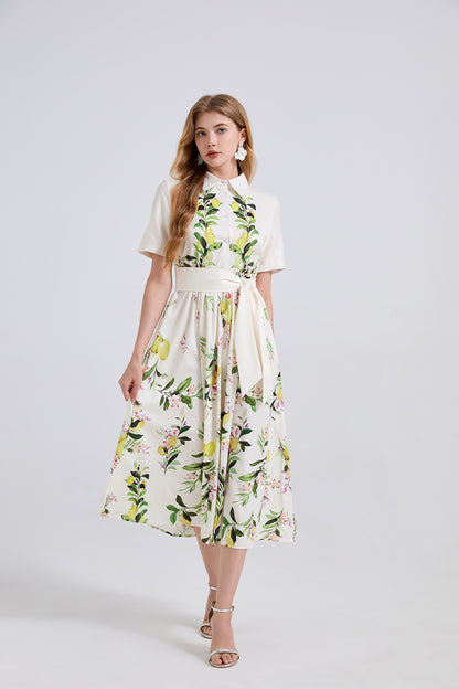 Women Leaf Print High Waist Short Sleeves A Lne Dress