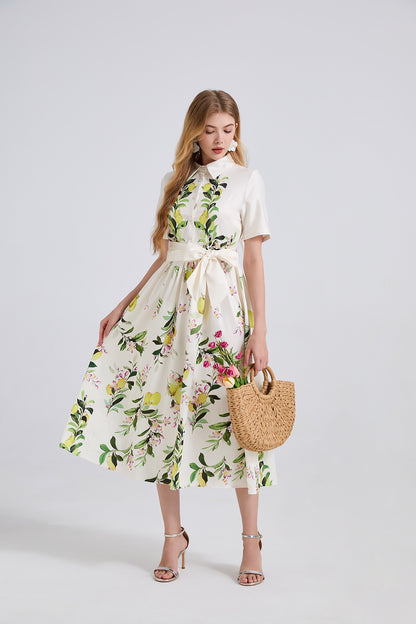 Women Leaf Print High Waist Short Sleeves A Lne Dress