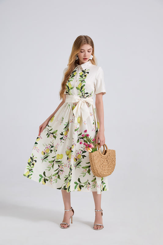 Women Leaf Print High Waist Short Sleeves A Lne Dress