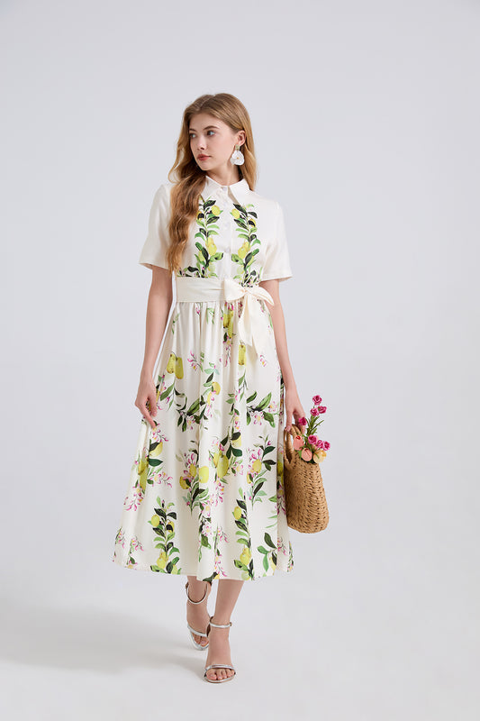 Women Leaf Print High Waist Short Sleeves A Lne Dress