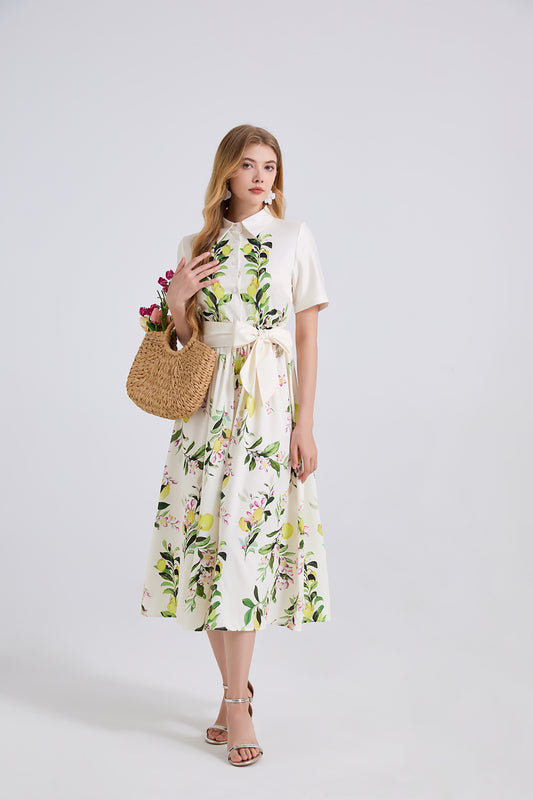 Women Leaf Print High Waist Short Sleeves A Lne Dress