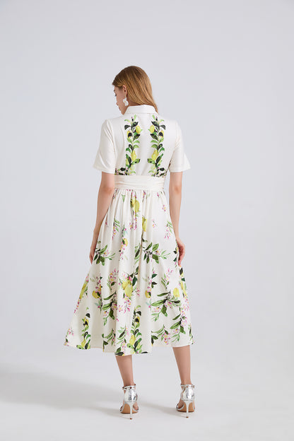 Women Leaf Print High Waist Short Sleeves A Lne Dress