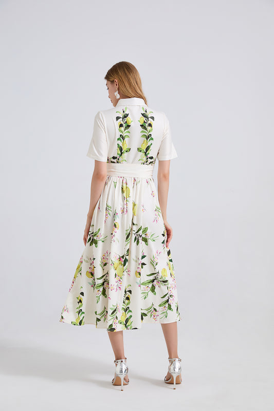 Women Leaf Print High Waist Short Sleeves A Lne Dress
