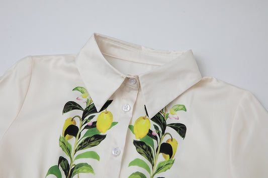 Women Leaf Print High Waist Short Sleeves A Lne Dress