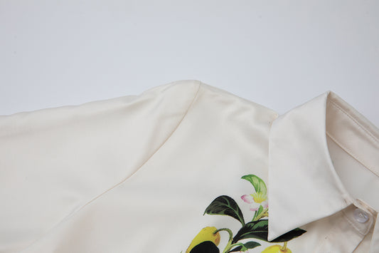 Women Leaf Print High Waist Short Sleeves A Lne Dress