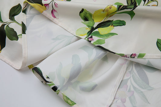 Women Leaf Print High Waist Short Sleeves A Lne Dress