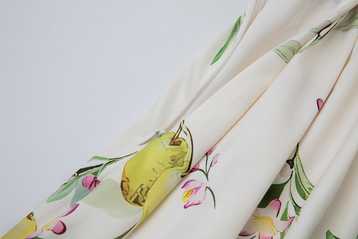 Women Leaf Print High Waist Short Sleeves A Lne Dress