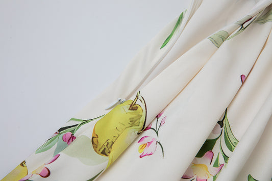 Women Leaf Print High Waist Short Sleeves A Lne Dress