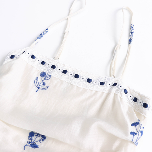 Vacation Floral Embroidery Pinch Pleated Waist Trimming Spaghetti Straps Bud Dress