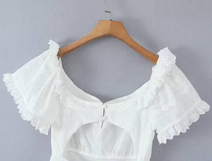 White Dress Square Collar Lace Embroidered Hollow Out Cutout Jacquard Waist Slimming Dress Women Summer A line