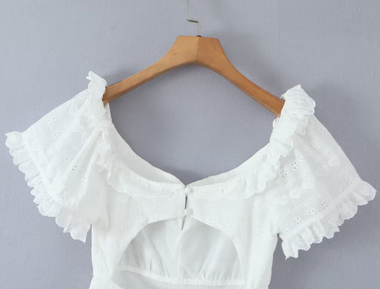 White Dress Square Collar Lace Embroidered Hollow Out Cutout Jacquard Waist Slimming Dress Women Summer A line