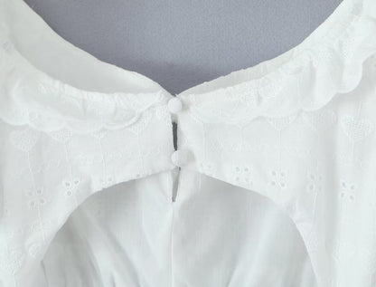 White Dress Square Collar Lace Embroidered Hollow Out Cutout Jacquard Waist Slimming Dress Women Summer A line