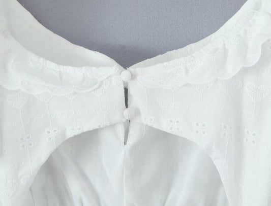 White Dress Square Collar Lace Embroidered Hollow Out Cutout Jacquard Waist Slimming Dress Women Summer A line