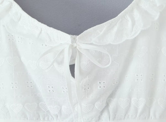 White Dress Square Collar Lace Embroidered Hollow Out Cutout Jacquard Waist Slimming Dress Women Summer A line